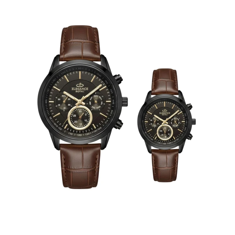 ست ساعت مچی عقربه‌ای کوارتز زنانه و مردانه الگانس مدل بند چرمی کد nls-1081