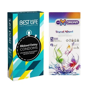 کاندوم بست لایف مدل Ribbed Delay بسته 12 عددی به همراه کاندوم ایکس دریم مدل Travel Mixed بسته 12 عددی