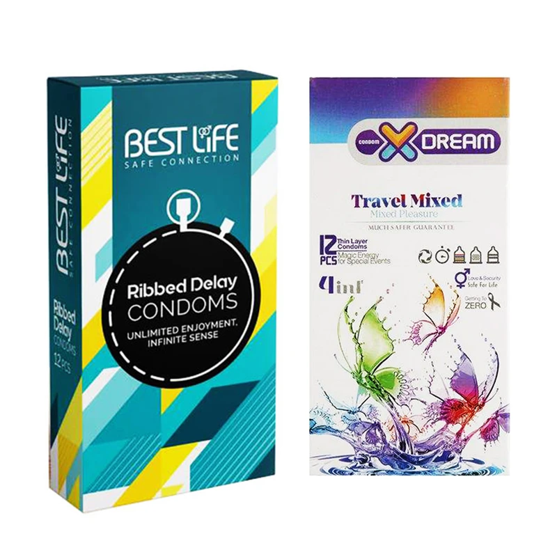 کاندوم بست لایف مدل Ribbed Delay بسته 12 عددی به همراه کاندوم ایکس دریم مدل Travel Mixed بسته 12 عددی