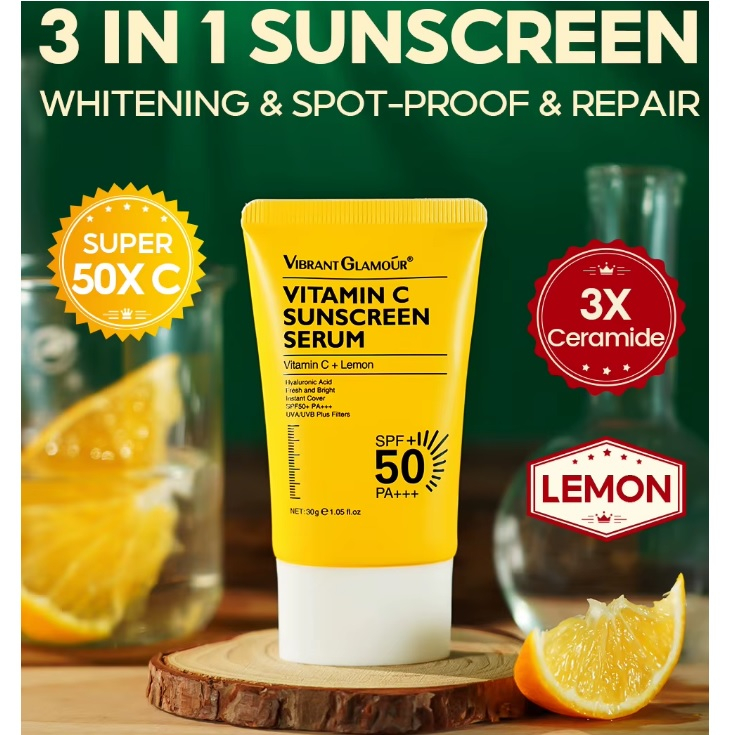 کرم ضد آفتاب بدون رنگ صورت ویبرانت گلمور spf50 مدل ویتامین سی محافظ UVA،UVB مناسب برای انواع پوست وزن 30 گرم