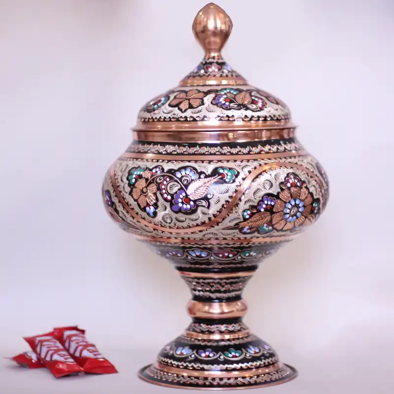 شکلات خوری میناکاری مسی طرح خمره ای  درب دار کد 233