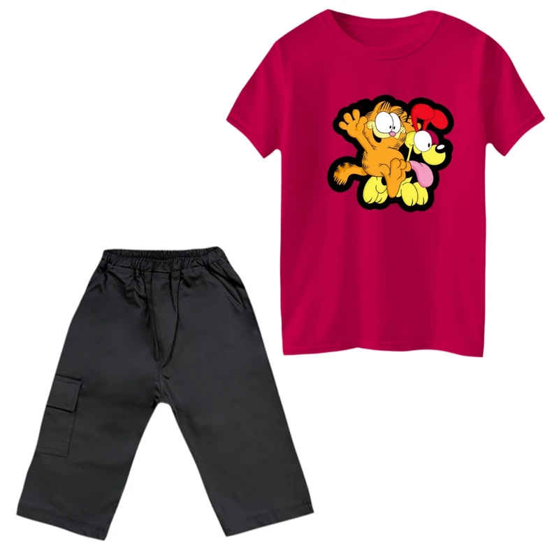 ست تی‌شرت و شلوارک پسرانه مدل گارفیلد کد 15 رنگ سرخابی
