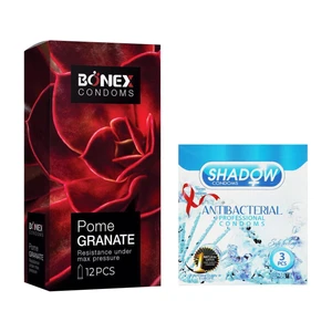 کاندوم بونکس مدل Pomegranate بسته 12 عددی به همراه کاندوم شادو مدل Anti Bacterial بسته 3 عددی