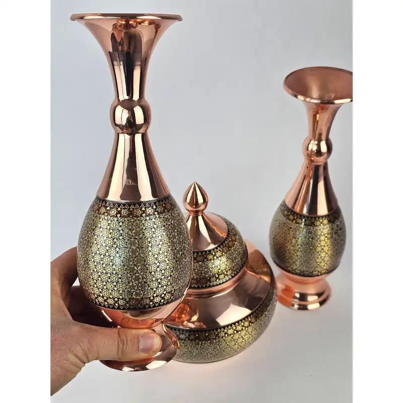 ست 3 تکه قندان و گلدان خاتم کاری مدل شیرازی کد gh25