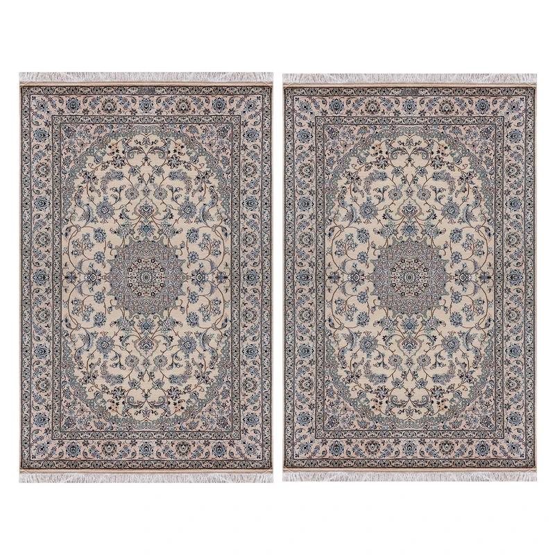 فرش دستبافت 3 متری مدل نایین لچک و ترنج ۶لا کد 1066 - 1065 زمینه کرم مجموعه 2 عددی