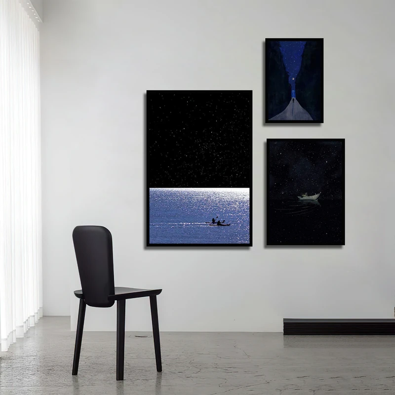تابلو بکلیت طرح منظره شب و دریا و قایق مدل B-3472 فریم مشکی مجموعه 3 عددی