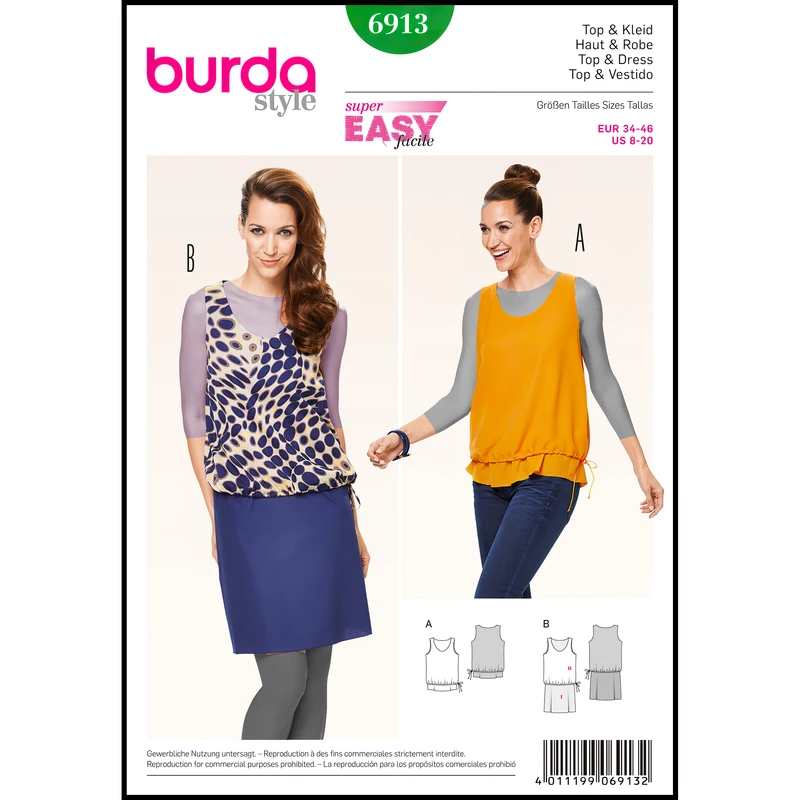 الگو خیاطی تاپ زنانه بوردا استایل کد 6913  سایز 34 تا 46 متد مولر