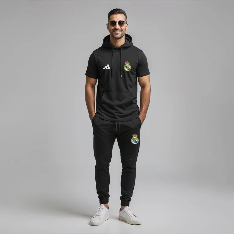 ست تی شرت کلاه دار و شلوار مردانه مدل 140311 طرح رئال مادرید