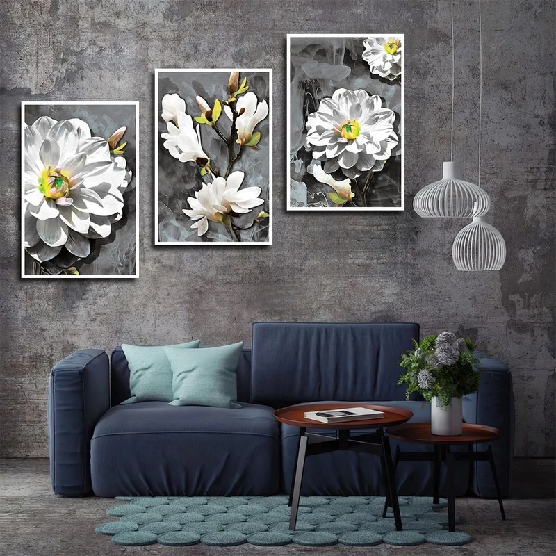 تابلو بکلیت طرح نقاشی گل سفید مدل شاین اکلیلی W-2445 مجموعه 3 عددی