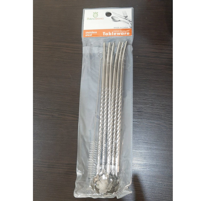 قاشق شربت خوری مدل پیچ نی دار طرح گل بسته 6 عددی به همراه برس شستشو