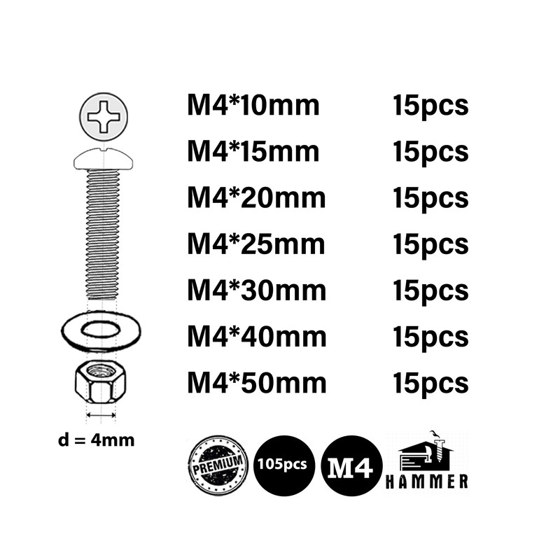پیچ و مهره و واشر هامر مدل هوم فیکس استوانه کد M4 مجموعه 105 عددی