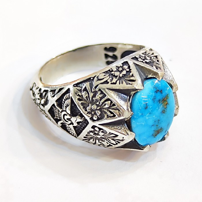 انگشتر نقره مردانه مدل سنگ فیروزه نیشابور رکاب دست ساز کد 6488