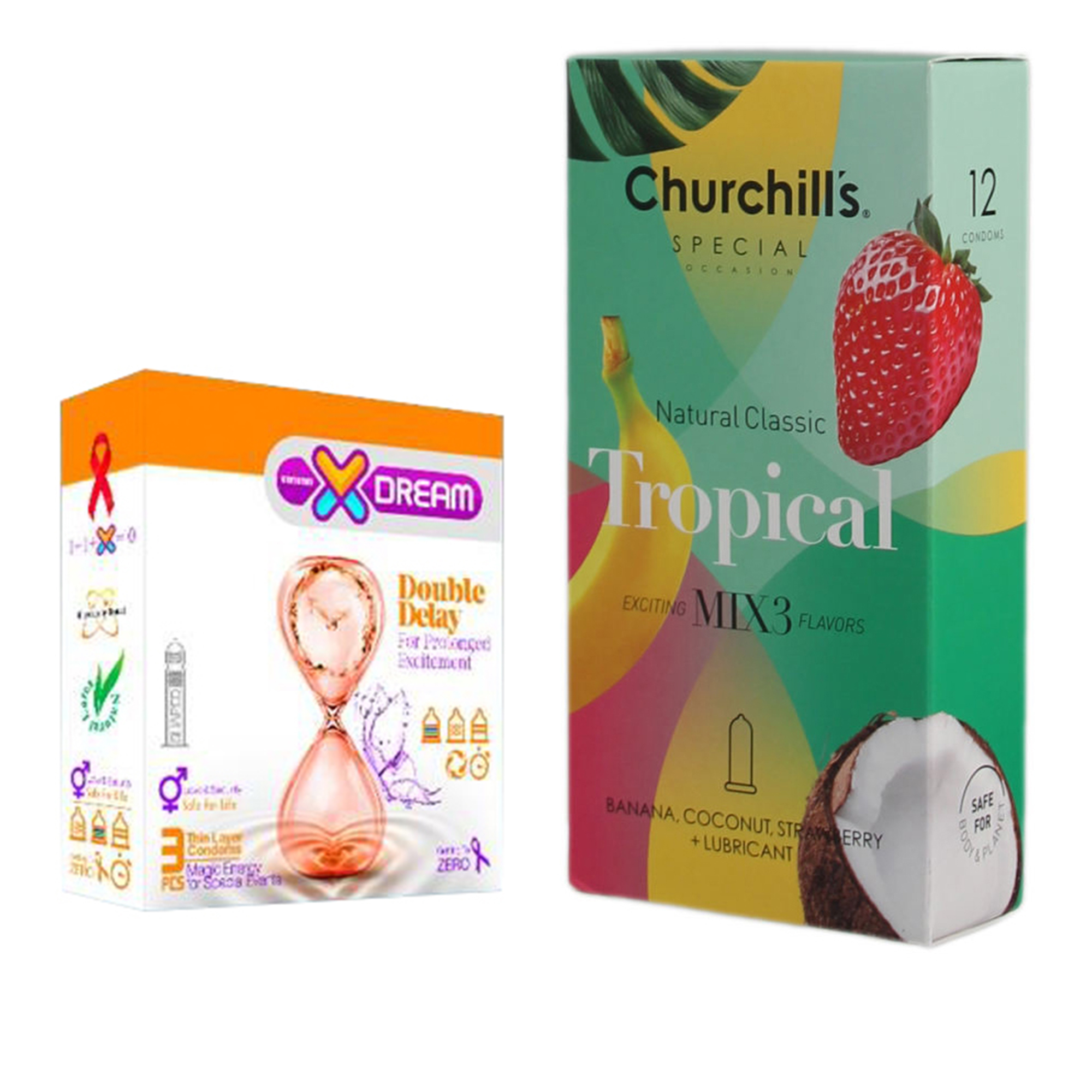 کاندوم چرچیلز مدل Tropical بسته 12 عددی به همراه کاندوم ایکس دریم مدل Double Delay بسته 3 عددی