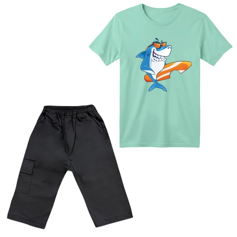 ست تی‌شرت آستین کوتاه و شلوارک پسرانه مدل کوسه کد ۱۰