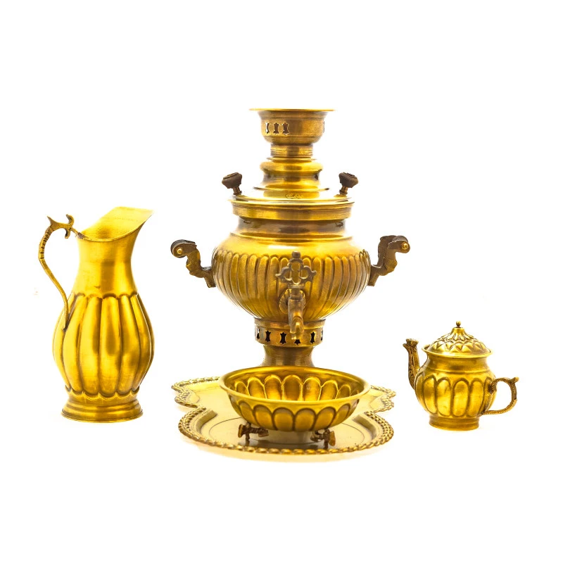 سرویس سماور ذغالی 5 پارچه برنجی مدل عدسی کد H-1267