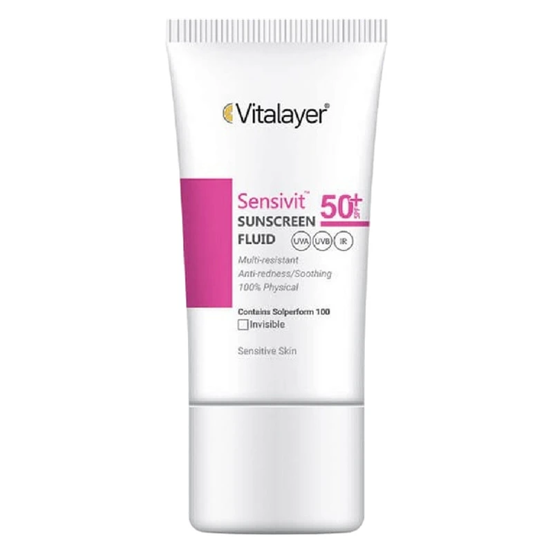 فلوئید ضد آفتاب بیرنگ ویتالیر، spf 50، مدل 0128، مناسب پوست های حساس با حجم 50 میلیلیتر، ضد حساسیت، محافظتکننده در برابر اشعههای UVA و UVB، دارای فرمولاسیون دی اکسید تیتانیوم و اکسید روی، با ماندگاری 2 ساعته
