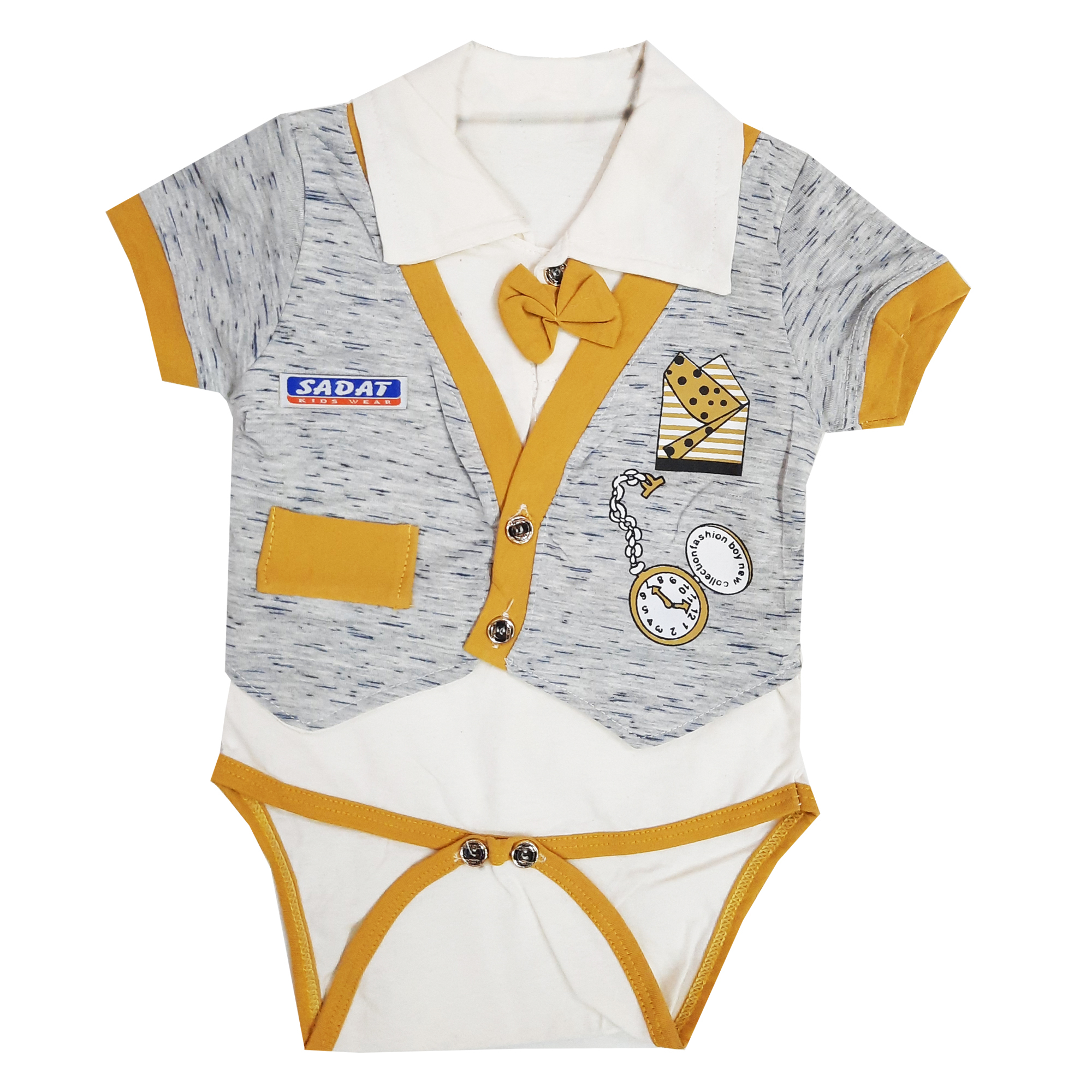 بادی آستین کوتاه نوزادی مدل جنتلمن رنگ خردلی