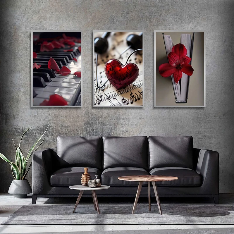 تابلو ساده بکلیت طرح نت و ساز موسیقی پیانو مدل شاین اکلیلی SI-3045 فریم نقره ای مجموعه 3 عددی