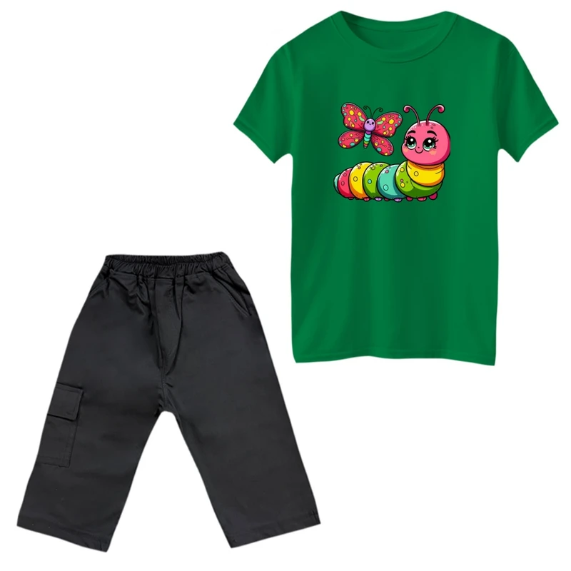 ست تی‌شرت و شلوارک دخترانه مدل کرم ابریشم رنگ سبز 