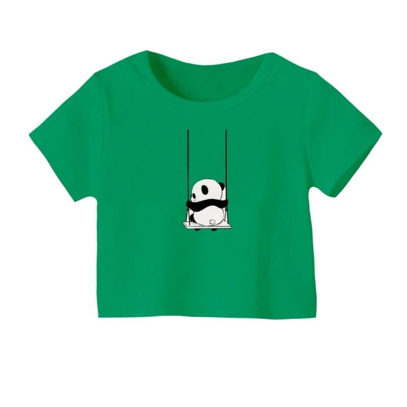 کراپ‌ تی‌شرت آستین کوتاه زنانه مدل پاندا و تاب