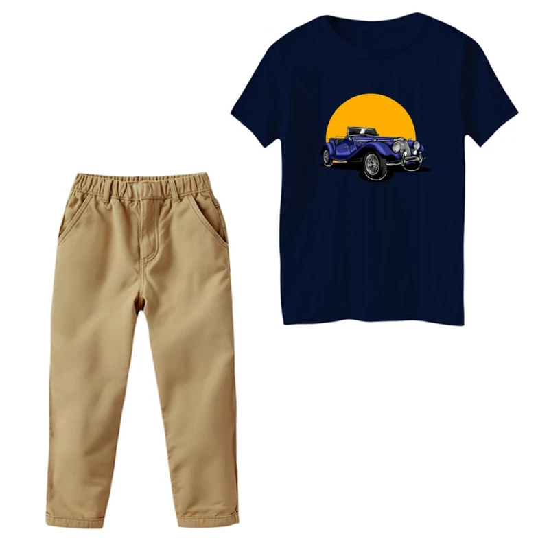 ست تی‌شرت و شلوار پسرانه مدل ماشین ابی