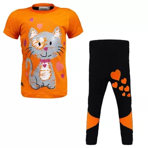 ست تی شرت و شلوار دخترانه مدل kind cat رنگ نارنجی