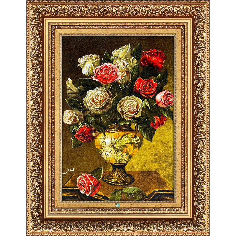 تابلو فرش دستباف فرش میرنظامی مدل گل رز و جام کد 1661