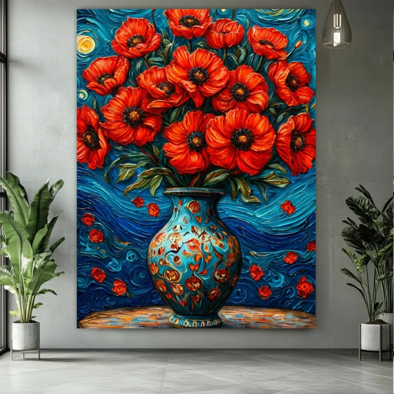 پوستر پارچه ای طرح مخمل گل شقایق مدل گلدان فیروزه کد PY333