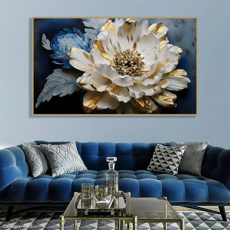 تابلو مدل منظره طرح گل سفید کد 491 فریم طلایی