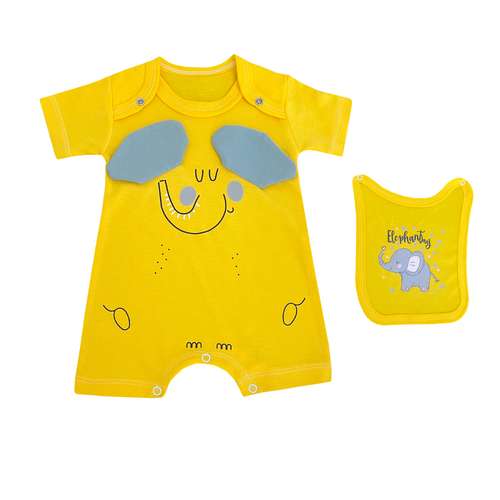 ست پیشبند و سرهمی آستین کوتاه راحتی نوزادی مدل فیل