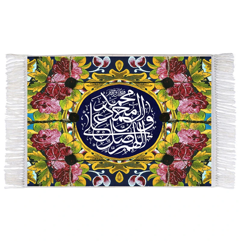 فرش ماشینی دیوارکوب اطلس آبی مدل صلوات کد T4119