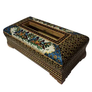 جعبه دستمال کاغذی خاتم کاری مدل گل و مرغ کد FG35