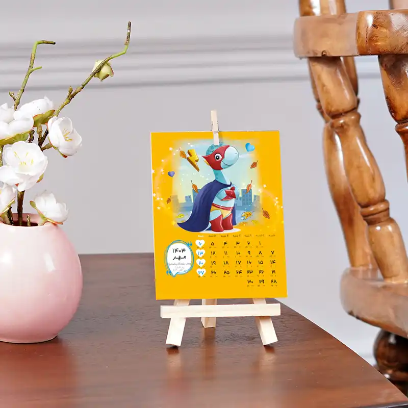 تقویم رومیزی سال 1403 طرح دایناسور فانتزی مدل بوم چوبی خلبان