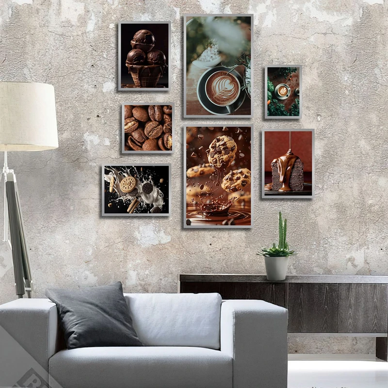 تابلو ساده بکلیت طرح کافه و دانه قهوه و کوکی شکلاتی مدل شاین اکلیلی SI-3039 فریم نقره ای مجموعه 7 عددی