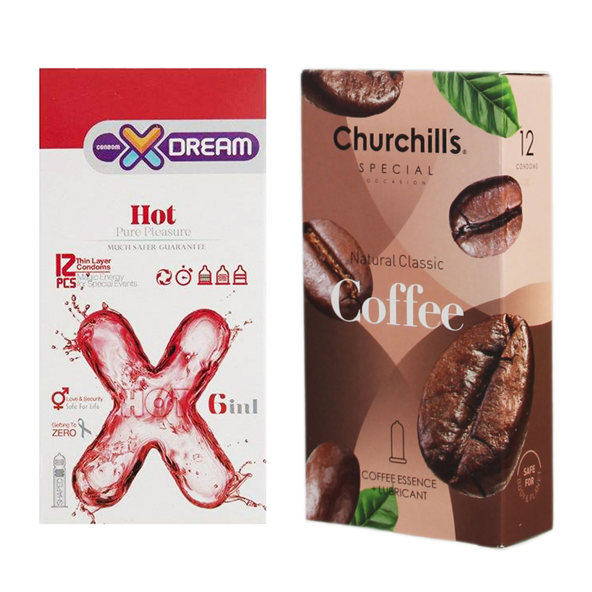 کاندوم چرچیلز مدل Coffee بسته 12 عددی به همراه کاندوم ایکس دریم مدل Hot بسته 12 عددی