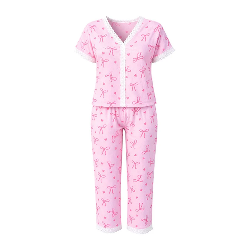 ست بلوز آستین کوتاه و شلوار راحتی زنانه مدل 403124 طرح پاپیون