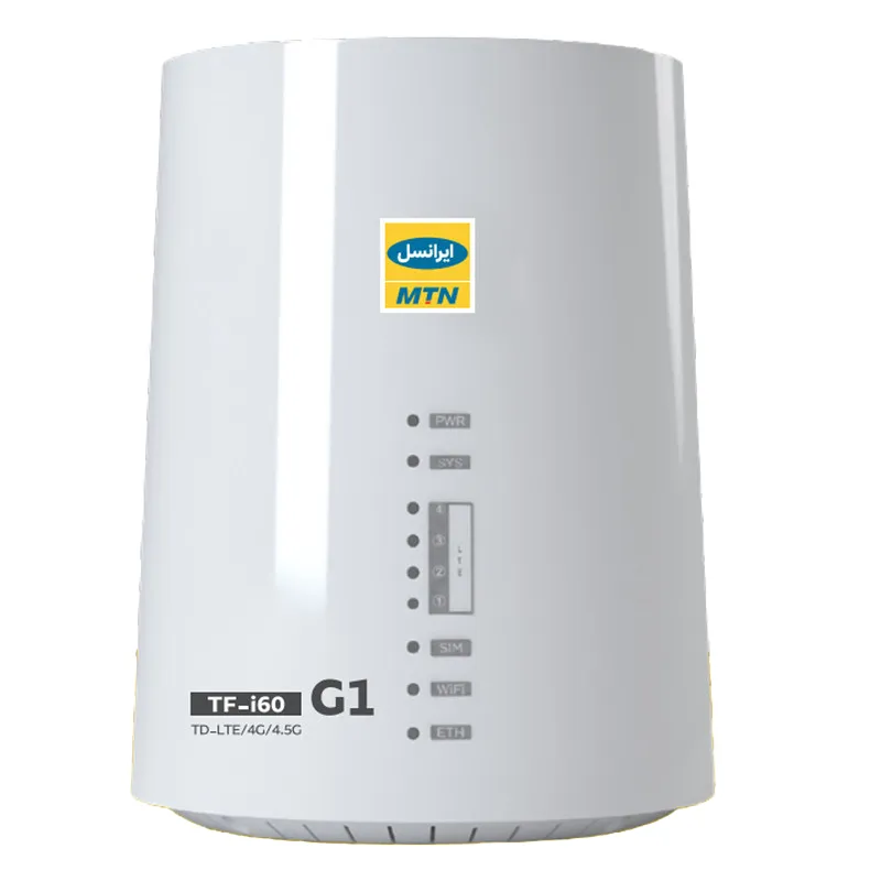 مودم رومیزی 4.5G ایرانسل مدل TF-i60 G1 با پشتیبانی هم‌زمان تا 32 کاربر، آنتن داخلی MIMO4x4، سرعت 300 مگابیت بر ثانیه، اتصال بی‌سیم و باسیم، همراه با دو سیم‌کارت و بسته اینترنت 12 ماهه