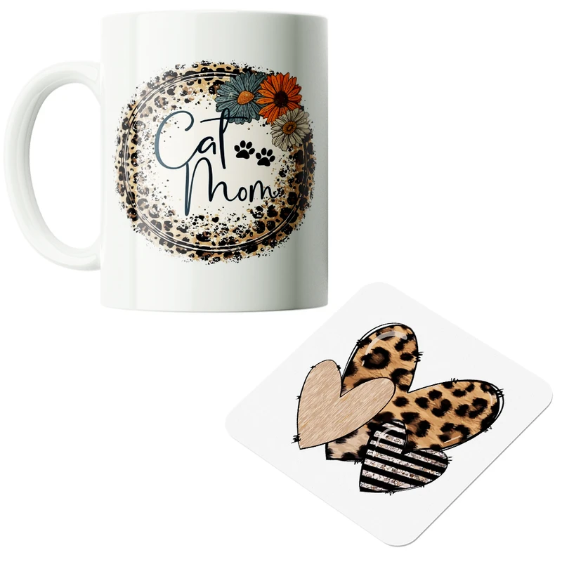 ماگ پاد آفرین مدل مامان گربه پت کد PZ142 به همراه زیرلیوانی