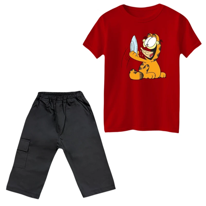 ست تی‌شرت و شلوارک پسرانه مدل گارفیلد کد 12 رنگ قرمز