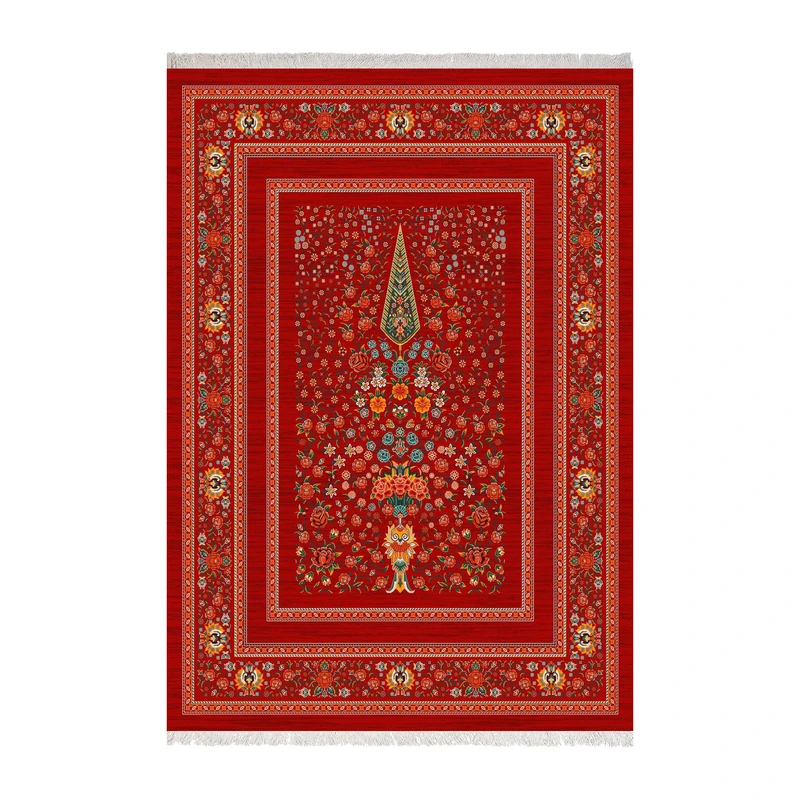 فرش ماشینی 1000 شانه زانیس زمینه قرمز لاکی حاشیه مشکی مدل چاپی