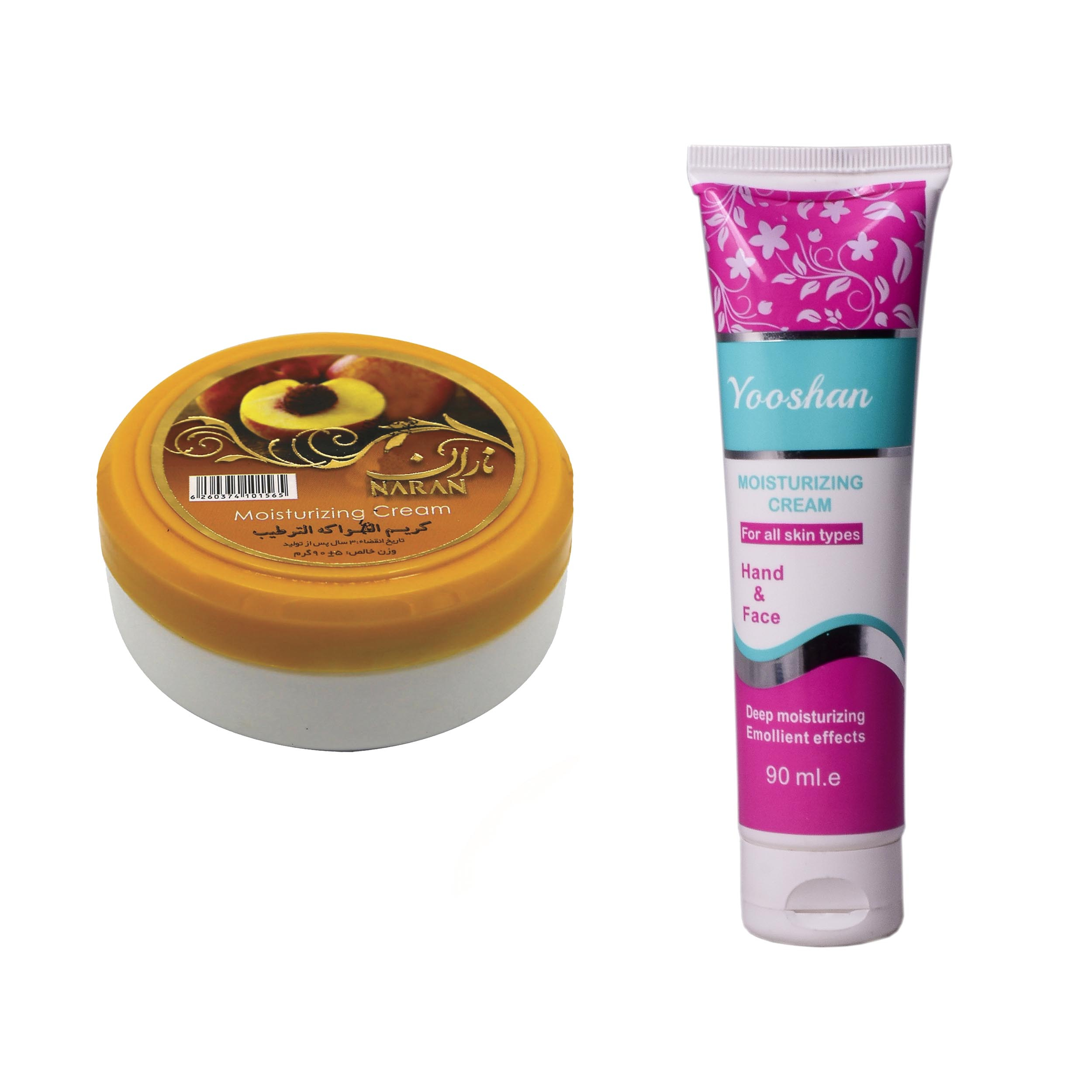 کرم مرطوب کننده یوشان مدل روغن بادام حجم 90 میلی لیتر به همراه کرم مرطوب کننده ناران مدل هلو وزن 90 گرم