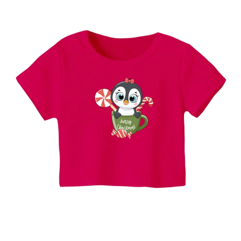 کراپ‌ تی‌شرت آستین کوتاه زنانه مدل پنگوئن کریسمس کد 5