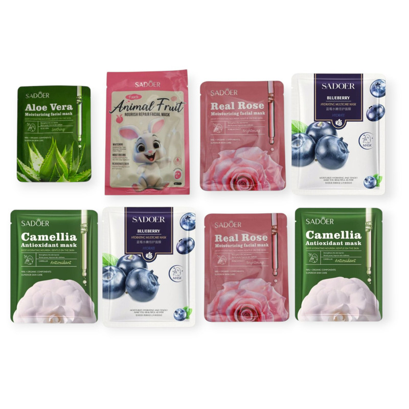 ماسک صورت سادور مدل بلوبری، هلو، گل، آلوئه ورا مناسب برای انواع پوست وزن 25 گرم بسته 8 عددی