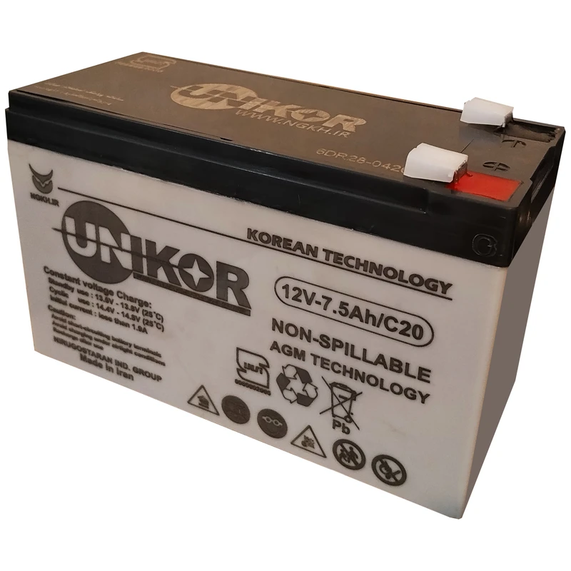 باتری UPS با ولتاژ 12 ولت و شدت جریان 7.5 آمپرساعت یونیکور مدل 12V-7.5Ah/C20