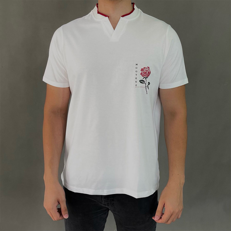 تی شرت آستین کوتاه مردانه مدل یقه هفت گل رز کد m12 رنگ سفید
