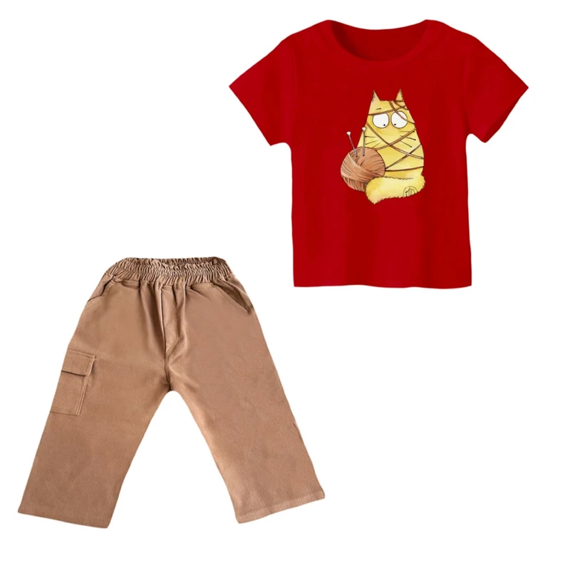 ست تی شرت و شلوارک دخترانه مدل گربه کد ۲۴