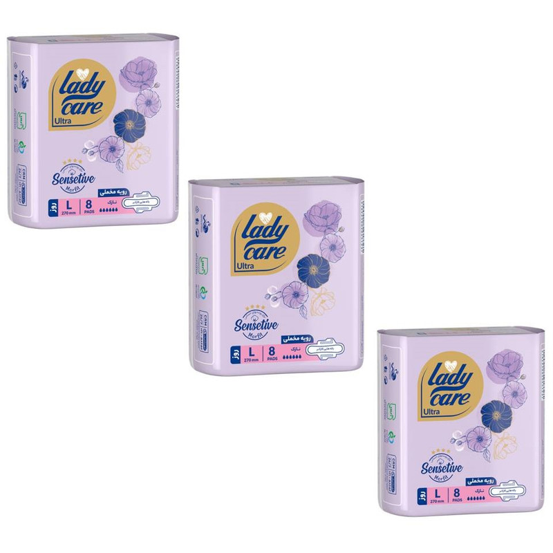نوار بهداشتی بالدار نازک  روز لیدی کر مدل مخملی سایز بزرگ 3 بسته 8 عددی