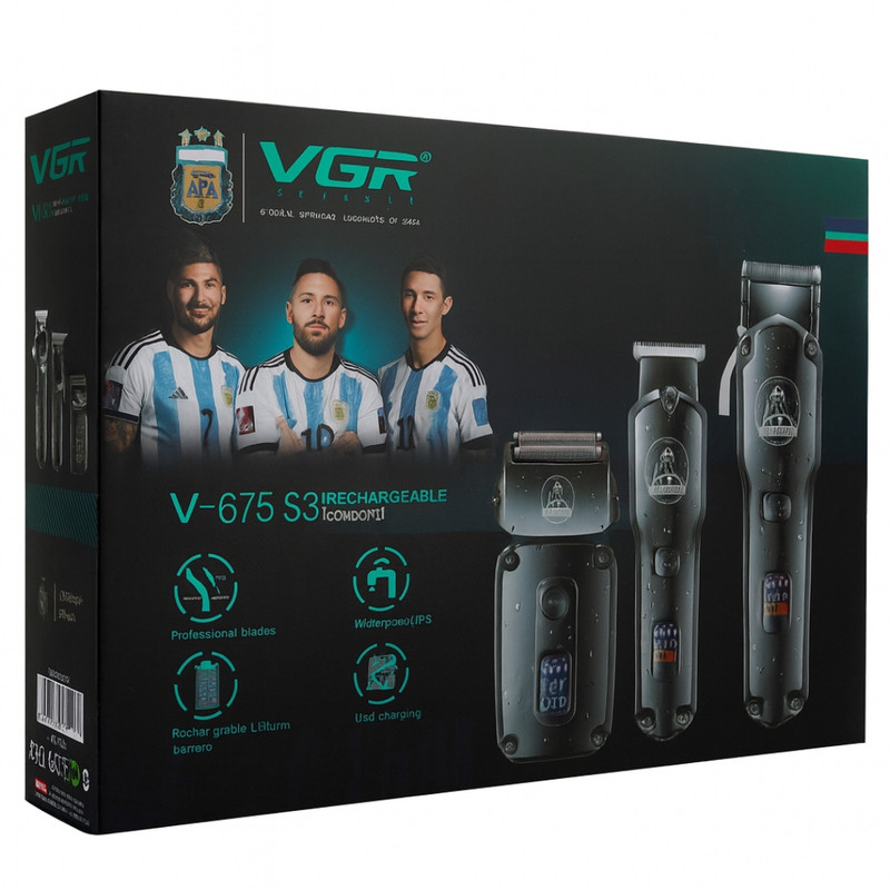 ماشین اصلاح موی سر و صورت شارژی وی جی ار مدل V-675 S3 مجموعه ۳ عددی