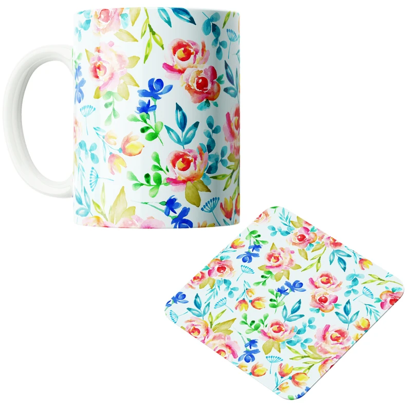 ماگ پاد آفرین مدل بهار طرح گل و برگ کد PZ301 به همراه زیرلیوانی