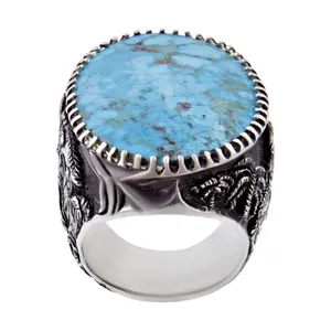 انگشتر نقره مردانه بازرگانی میلادی مدل سنگ فیروزه نیشابور رکاب دست ساز قلم زنی کد AM_263